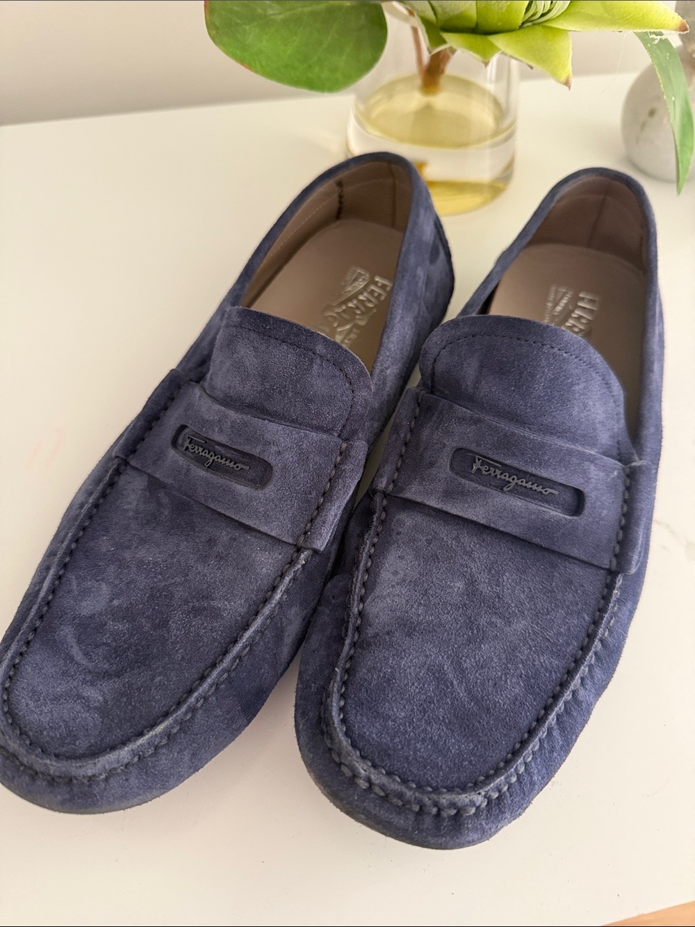 Salvatore Ferragamo Navy Suede Penny Loafers